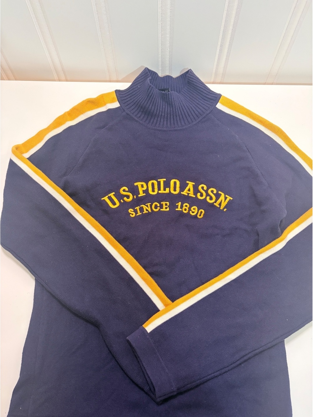 U.S. Polo Assn. Vintage Mock Neck Sweater Navy Blue Striped Sleeves Size Medium